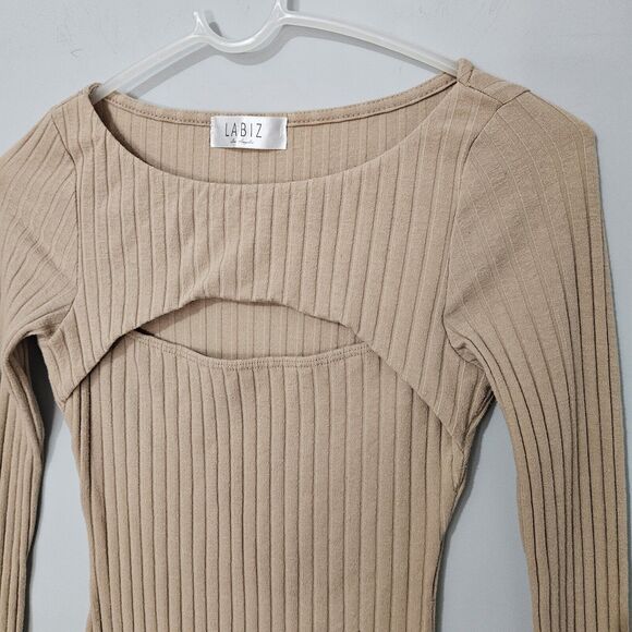 Labiz Bodysuit Womens Small One-Piece Ribbed Knit Cut Out Long Sleeve Beige - Picture 3 of 13